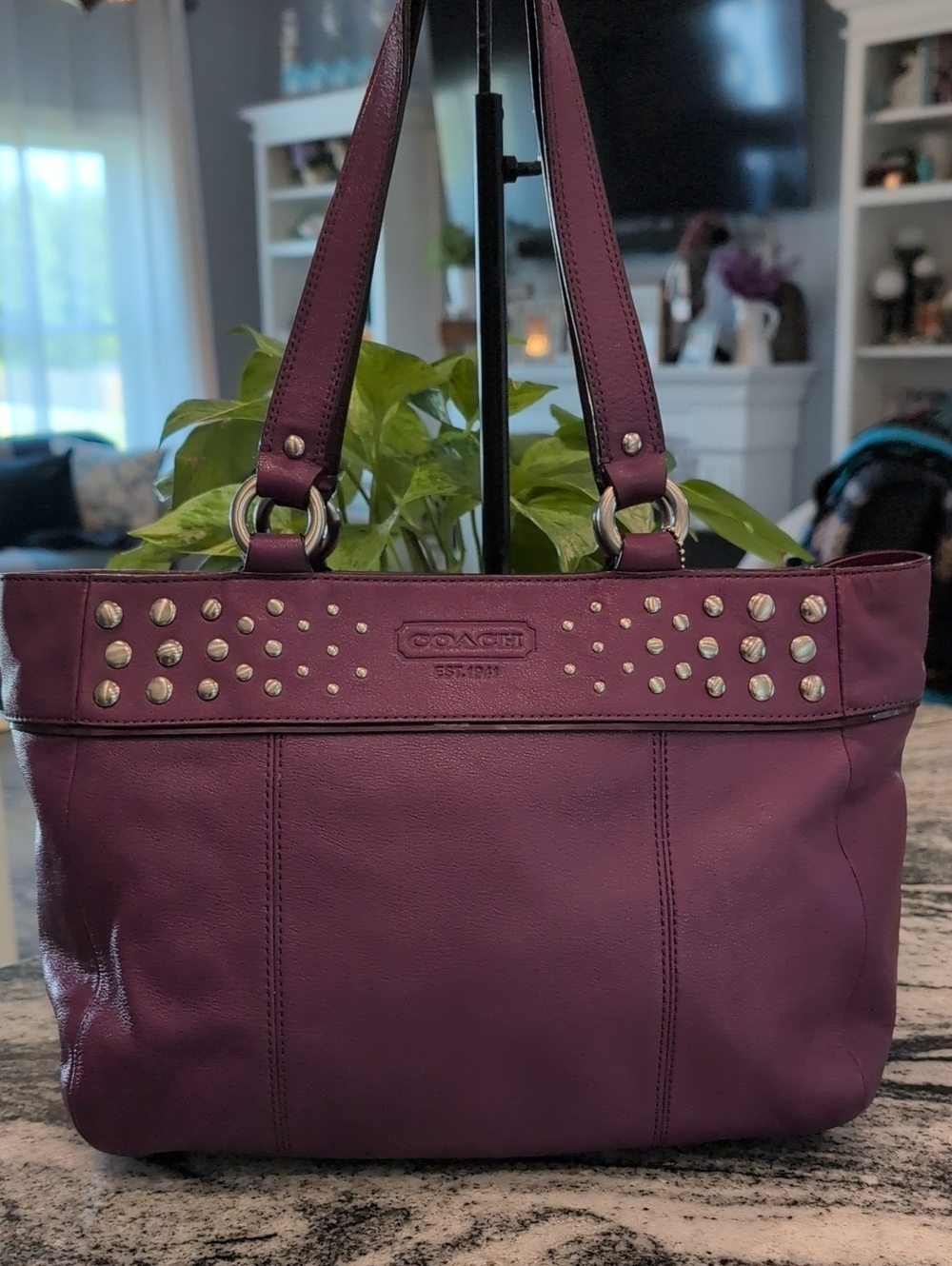 COACH Zoe Purple Glove-tanned Leather Studded Shoulder Bag